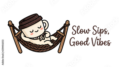 фотографія Coffee Cup Relaxation: A cute anthropomorphic coffee cup with a smiling face rests peacefully in a hammock, embodying a moment of tranquil relaxation and good vibes