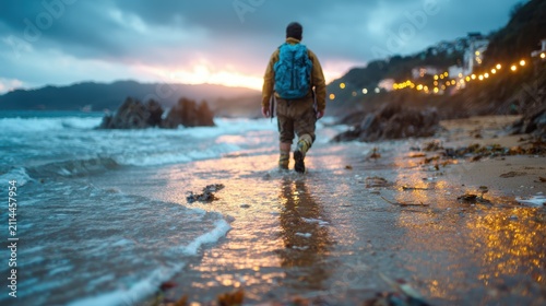 A solitary figure walks along a sandy beach during sunset, with waves gently lapping at the shore, creating a peaceful moment that embodies reflection and connection to nature.