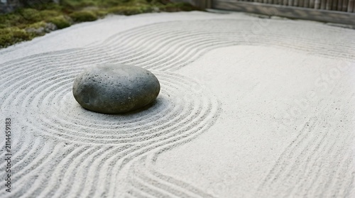 A peaceful japanese zen garden featuring a single large stone surrounded by raked white sand patterns