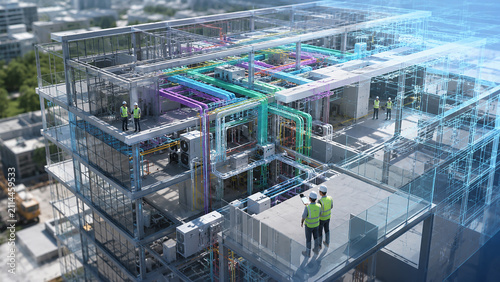 Construction workers reviewing digital building information model on site