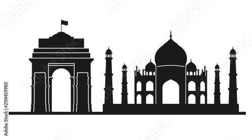 India landmark silhouettes. Iconic architecture of Taj Mahal and India Gate vector design.