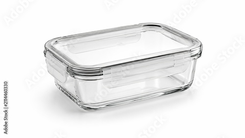 Empty glass food storage container with airtight locking lid isolated on white background