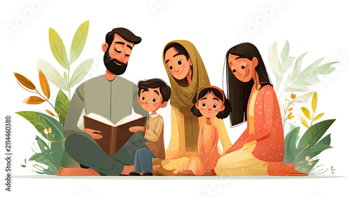Muslim family reading holy book together with children during peaceful home learning and bonding isolated on white background