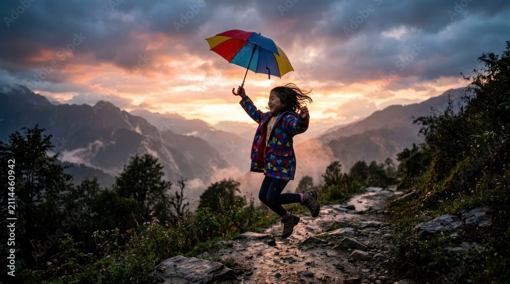 Obraz premium Joyful Woman Jumps with Rainbow Umbrella Amidst Dramatic Mountain Sunset.