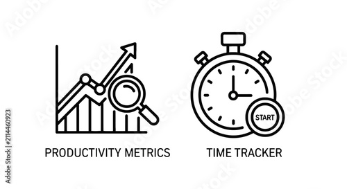 Business performance productivity metrics and time tracking icons with productivity business stopwatch performance analysis management planning