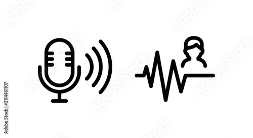 Audio recording and voice frequency analysis icon set with microphone recording frequency analysis communication broadcast waveform listening