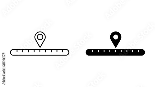 Obraz na płótnie Map Pin Location on Scale: A minimalist graphic featuring two icons representing a map pin marker placed precisely on a segmented scale line