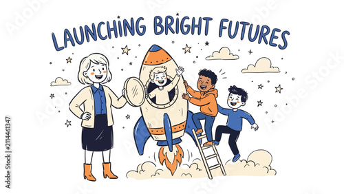 Cuadro en lienzo Launching Bright Futures: An educator guides a group of eager children on a whimsical rocket ship, symbolizing the launch of their bright futures through learning and discovery