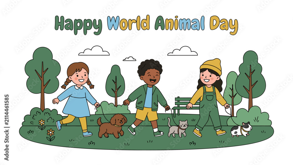 Fototapeta premium Happy World Animal Day: Three children of diverse backgrounds walk with their pets in a park setting, celebrating World Animal Day with joy and companionship.