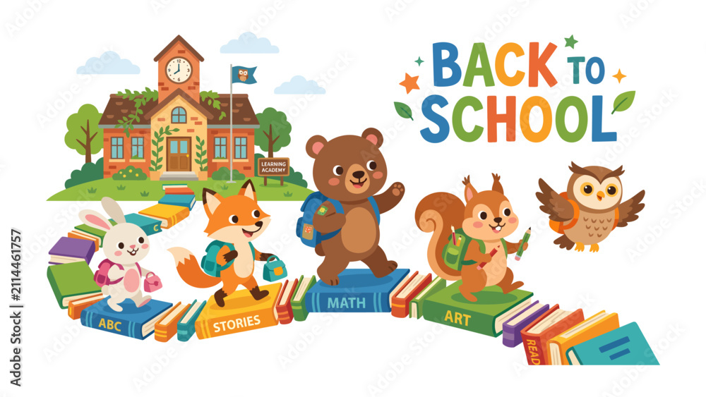 Fototapeta premium Back to School Journey: Adorable anthropomorphic animals, including a bear, fox, squirrel, rabbit, and owl, embark on a whimsical journey to school, walking on a path made of books.