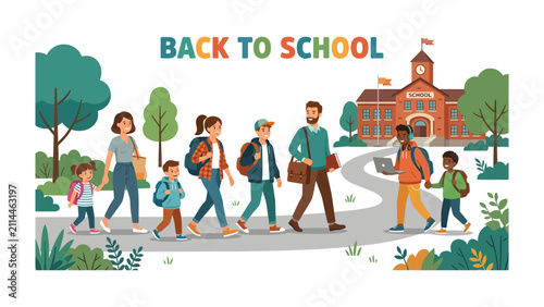 Fényképezés Back to School Excitement: A diverse group of students, parents, and teachers walk towards a traditional school building, ready for a new academic year filled with learning and discovery