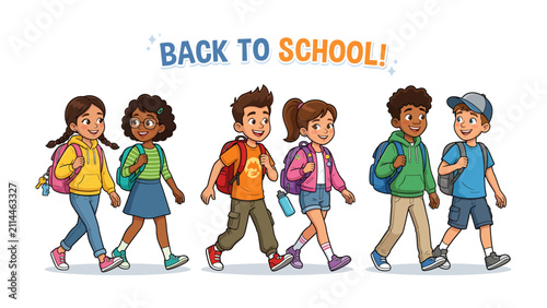 Fotografie Back To School Excitement: A vibrant and cheerful illustration depicts a diverse group of happy children, each carrying a backpack and walking confidently towards a new academic journey