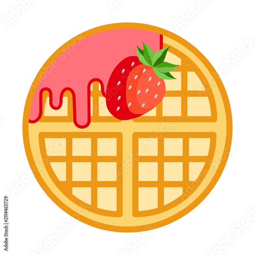 Waffle topped with a strawberry and strawberry sauce.