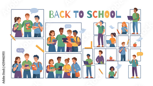 Schilderij op canvas Back To School Montage: A vibrant illustration depicting students of diverse backgrounds preparing for the new academic year, engaged in various activities like learning, socializing