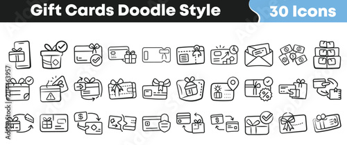Hand drawn collection of thirty different gift card doodle icons