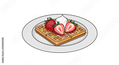 Delicious waffle with fresh strawberries.