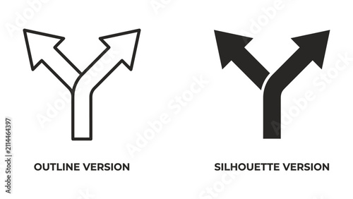 Bild auf Leinwand Fork in the Road, Decision Point: Two diverging arrow icons, one outlined and one in silhouette, represent a critical junction or a crossroads where a choice must be made