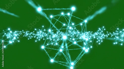Glowing digital network nodes connect on a green background