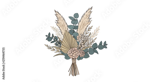 Dried bouquet with feathers and flowers.