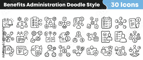 Set of thirty hand drawn benefits administration icons for business