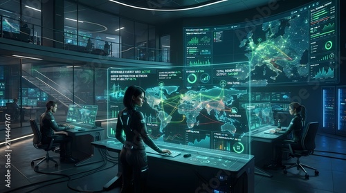 Diverse Business Professionals Collaborating with Digital Technology and Virtual Network in a Modern Office Workspace
