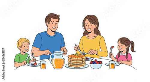 Family enjoying breakfast together at home.