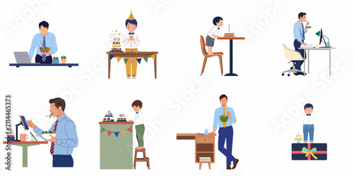 Flat vector illustration set showing professional men working and eating healthy food, and young boys celebrating birthday parties with cakes and gifts.