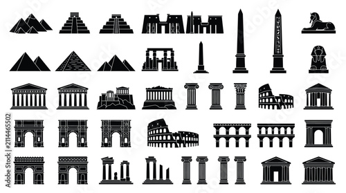 Ancient world landmarks silhouette icon set featuring Egyptian pyramids, Great Sphinx, Roman Colosseum, Greek temples, classical architectural columns, obelisks, and triumphal arches.