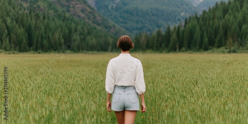 Woman standing in lush green field with forest mountains background embracing peaceful digital detox and mindful nature escape