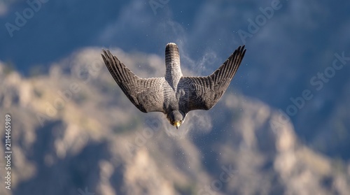Konstfotografi A majestic peregrine falcon in a high-speed hunting dive against a blurred mountain landscape