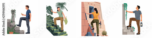 Set of vector illustrations depicting people exploring ancient ruins, historical sites, and archaeological discoveries in various settings like jungles and temples.