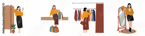 Set of flat vector illustrations showing a stylish woman shopping, browsing clothes, checking her watch, and taking a mirror selfie in a boutique.