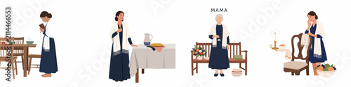 Fotografía Set of illustrations depicting Jewish women in modest attire engaged in traditional rituals, prayer, and household preparations for the Sabbath