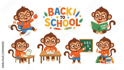 Photography Cute Monkeys Learning and Playing: A collection of adorable cartoon monkeys engage in various back-to-school activities, from jumping for joy to reading and writing