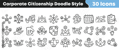 Set of thirty hand drawn corporate citizenship business doodle icons