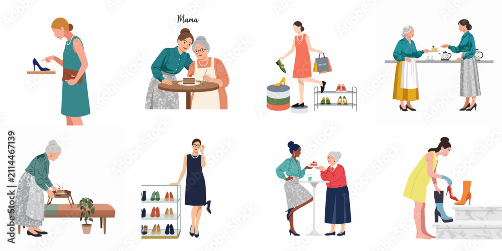 Fototapeta premium Elegant Women Shopping for Shoes and Enjoying Coffee and Cake Illustration Set