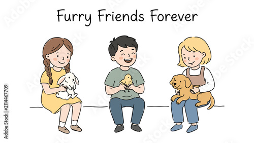 Bild auf Leinwand Furry Friends Forever: Three smiling children share a heartwarming moment with their beloved animal companions – a fluffy rabbit, a chirping chick