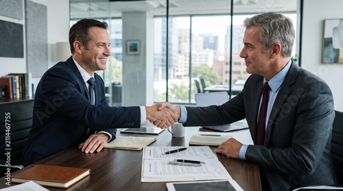 Two businessmen shaking hands across conference table in bright office, formal agreement signing, professional negotiation, amicable corporate meeting