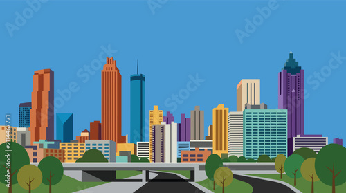 Atlanta georgia skyline cityscape with urban skyscrapers and highway flat vector illustration for travel and tourism marketing