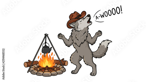 Canvas Print Cowboy wolf howling at moon by campfire
