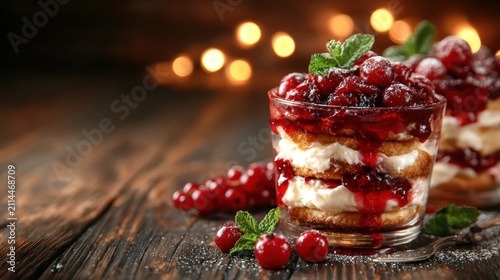 A tempting dessert glass layered with creamy goodness, cherry topping, and a hint of mint, inviting anyone to indulge in this flavorful and visually stunning treat.