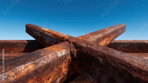 An up-close view of rusty metal beams intersecting against a clear blue sky, showcasing the beauty of industrial decay and nature's stark contrast.