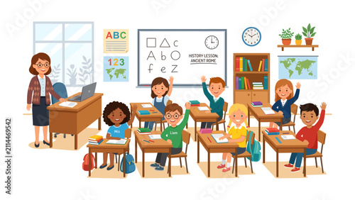Fotografía Classroom Scene with Teacher and Students: A cheerful classroom where a dedicated teacher guides attentive students, who eagerly raise their hands to answer questions