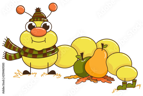 Cute autumn cartoon caterpillar with harvest fruits
