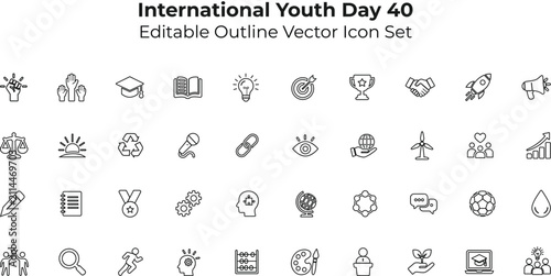 International Youth Day 40 Outline Icons Editable Linear Vector Set for Education and Youth Empowerment