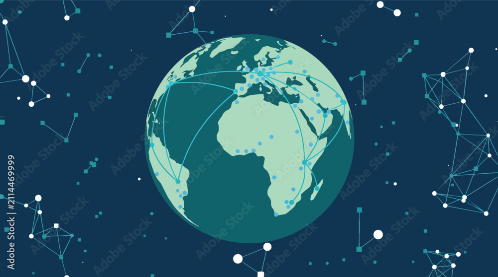 Naklejka premium Worldwide digital connection network on earth globe flat vector illustration for global telecommunications technology