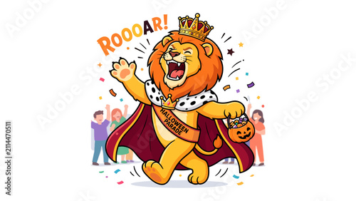 Canvastavla Roaring King Lion Celebration: A cartoon lion, crowned and robed like royalty, exuberantly roars with joy while tossing confetti and holding a Halloween candy bucket