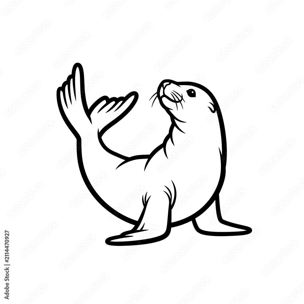 Fototapeta premium Minimalist black and white line art illustration of a charming seal, a playful marine mammal depicted with a simple outline, ideal for logos, educational content, or children's designs.
