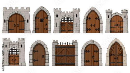 Set of medieval castle gates and wooden fortress doors
