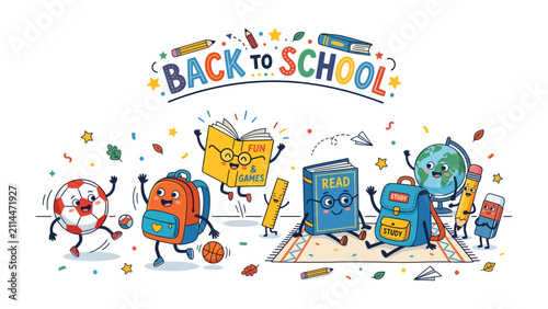 Quadro su tela Back to School Fun: A vibrant and whimsical illustration depicts anthropomorphic school supplies joyfully celebrating the start of the academic year, with a soccer ball, books, a backpack